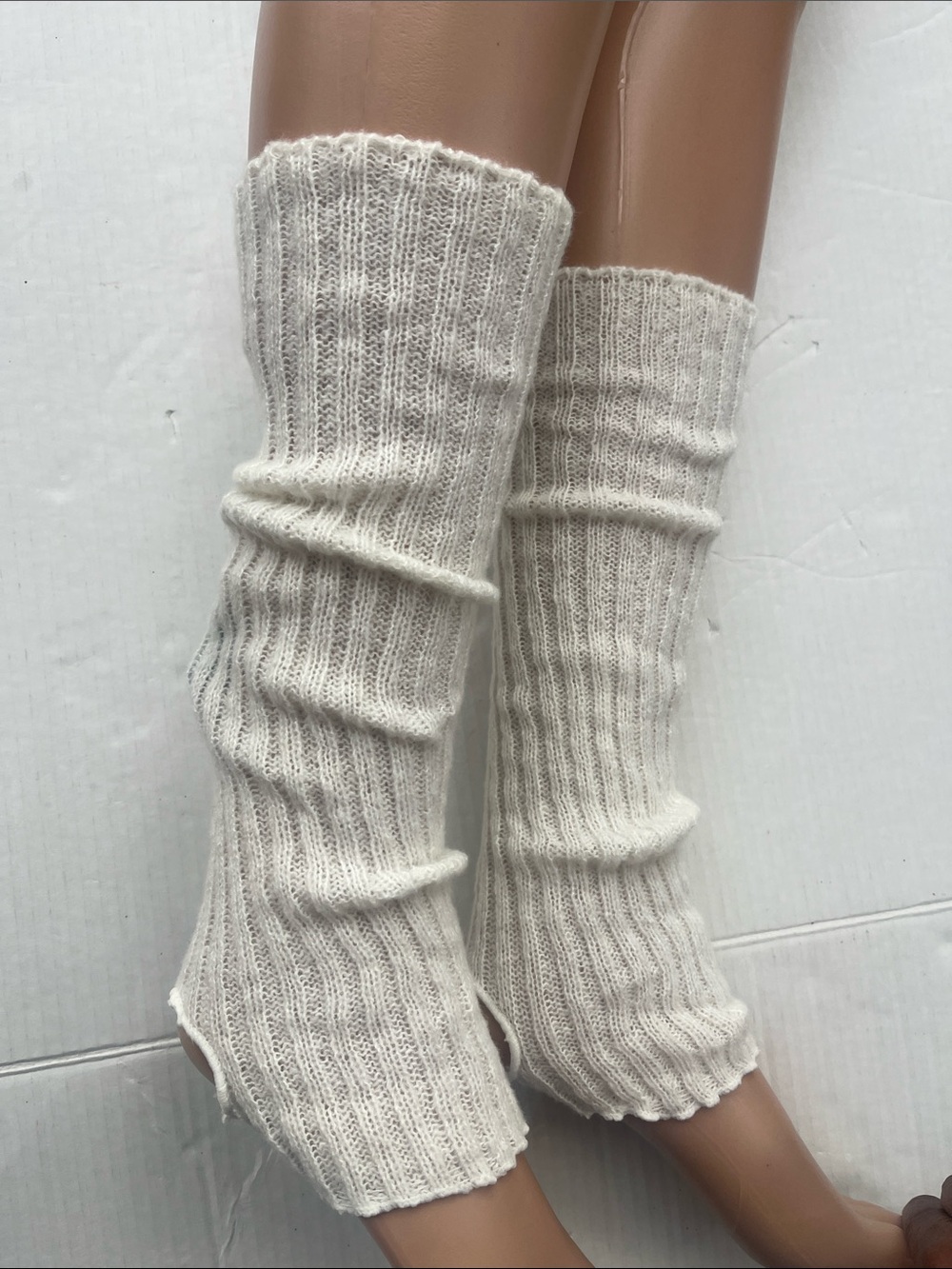 Stirrup White Knit Leg Warmers - Classic Open Heel Design